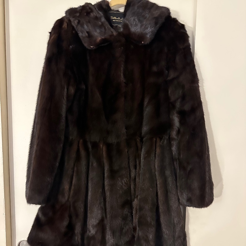 Real mink fur brown coat with hood